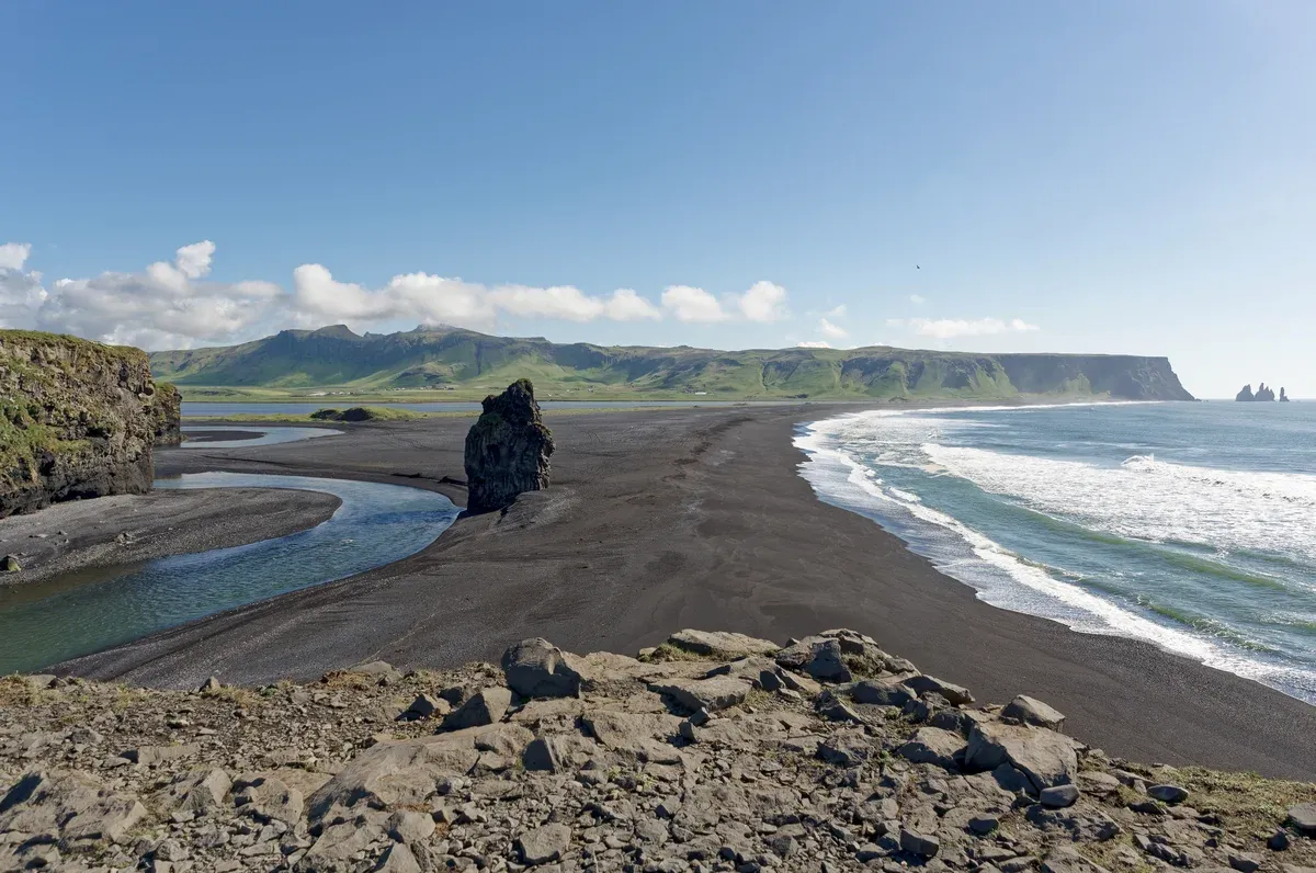 Reynisfjara black sand beach from Dyrhólaey on a south coast Jökulsárlón boat tour trip